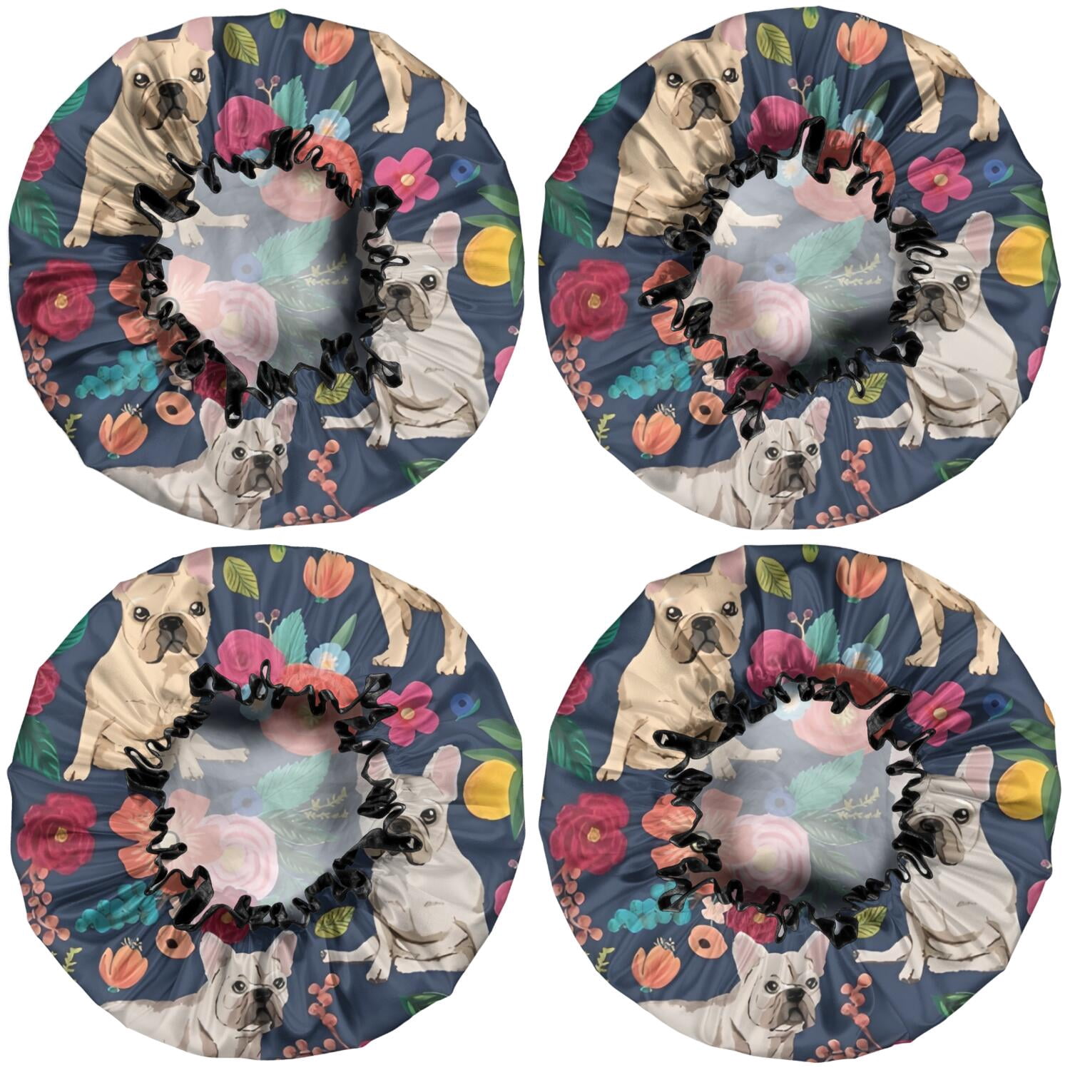 Shower Caps,French Bulldog Dog and Pioneer Flower Waterproof Shower Cap for Women 4 Pieces,Double Reusable Hair Cover for Shower PEVA Elastic Stretch Hem
