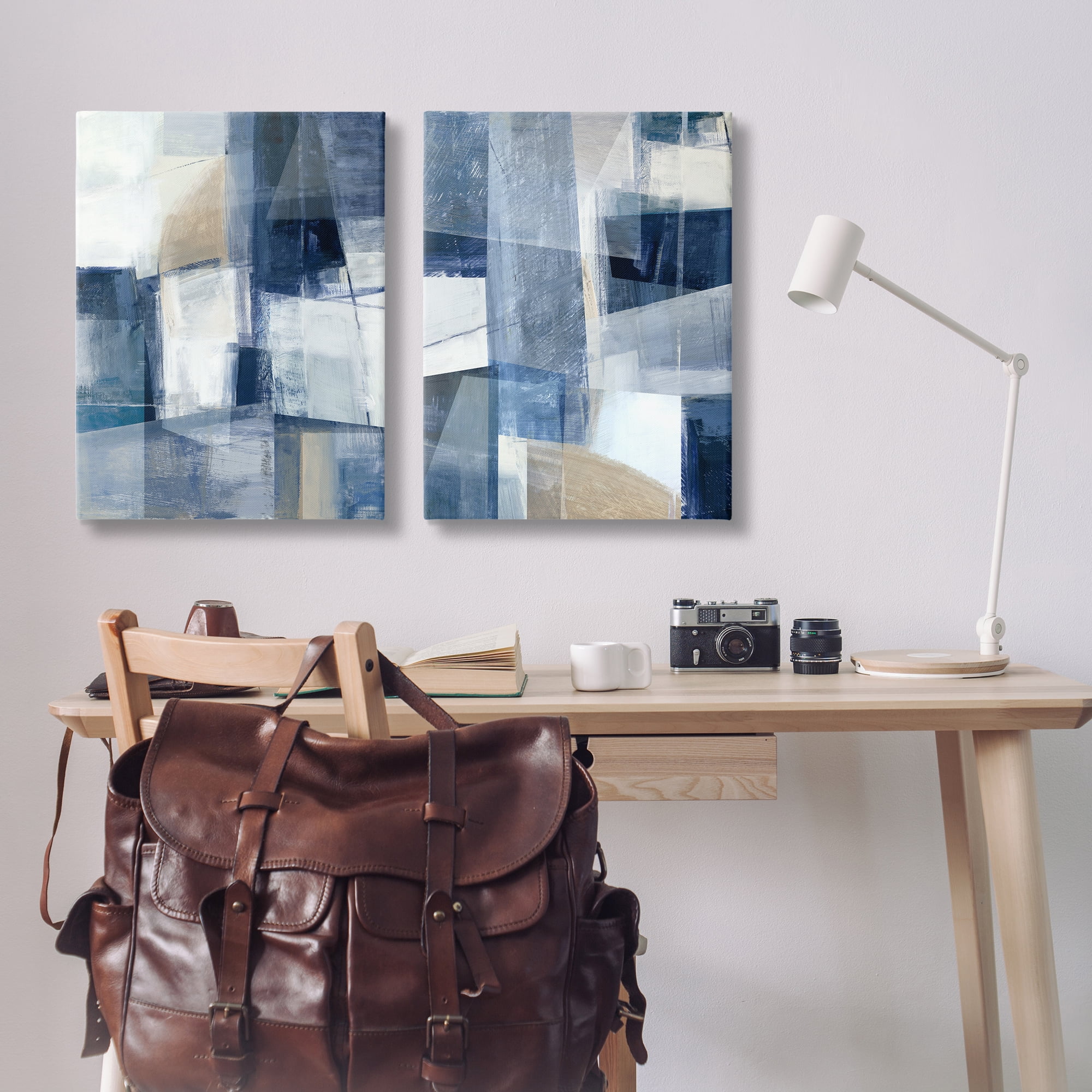 Stupell Industries Blue & Neutral Geometrics Abstract Painting Wrapped Canvas Art Print Wall Art, 24 x 36, Set of 2