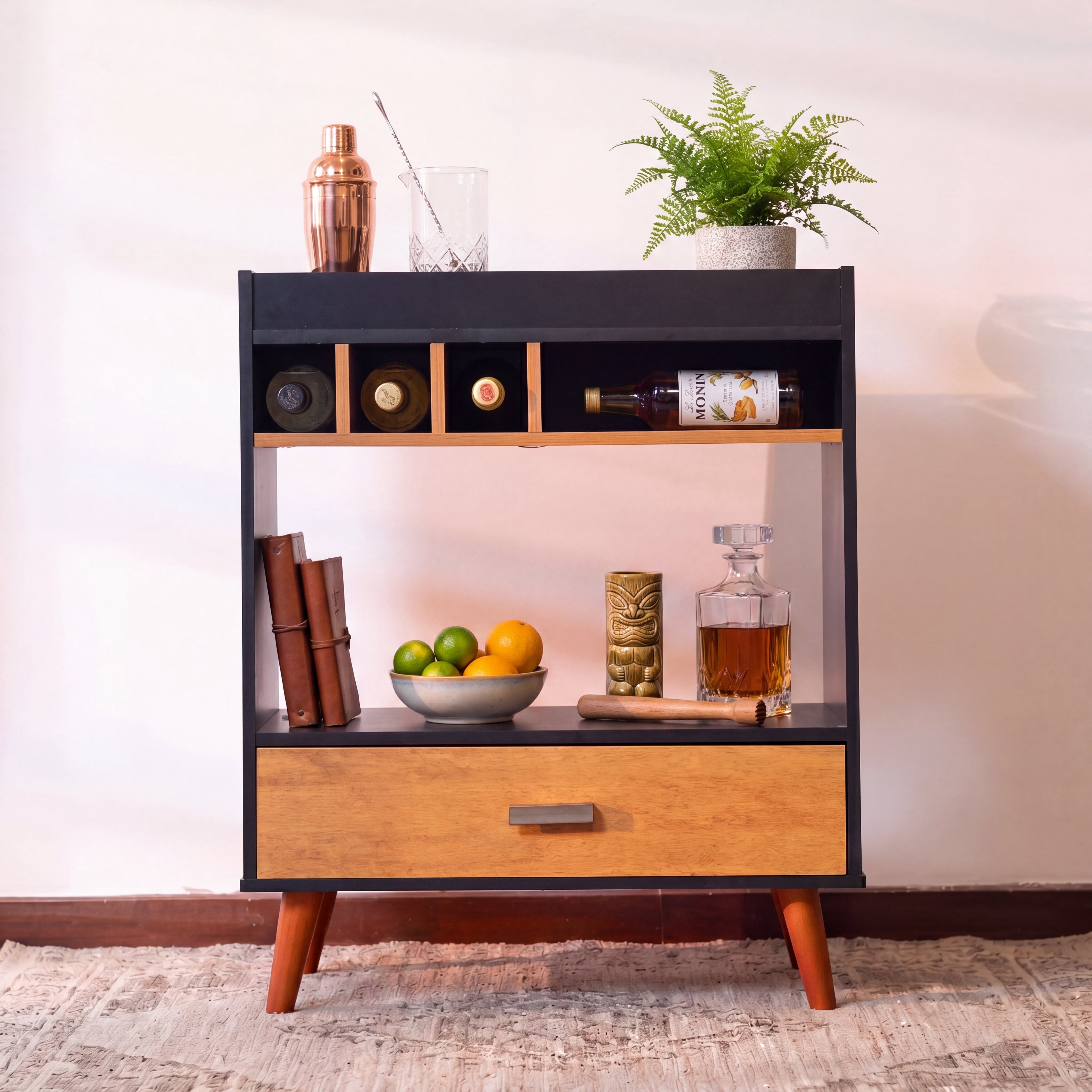 Ember Interiors Modern Bar Cabinet with Wine Rack, Drawer, Open Shelf Storage, Wooden Legs, Warm-Toned Finish,  Black Brown