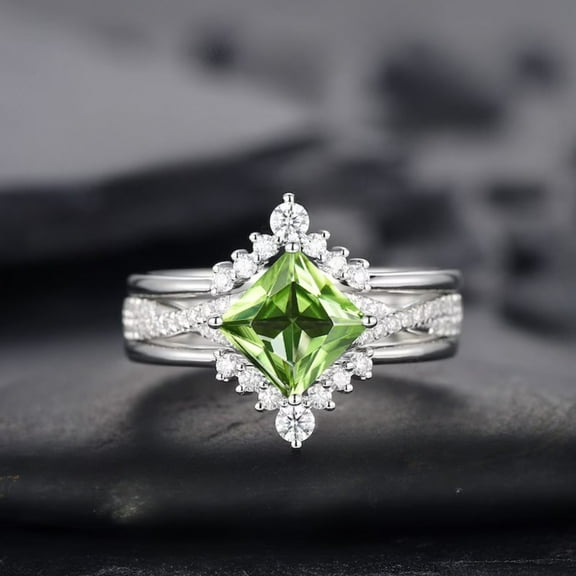 3PCS Unique Princess Cut Peridot Engagement Ring Set- 925 Sterling Silver- Peridot Wedding Set- Promise Ring Twist Band Anniversary Ring for her