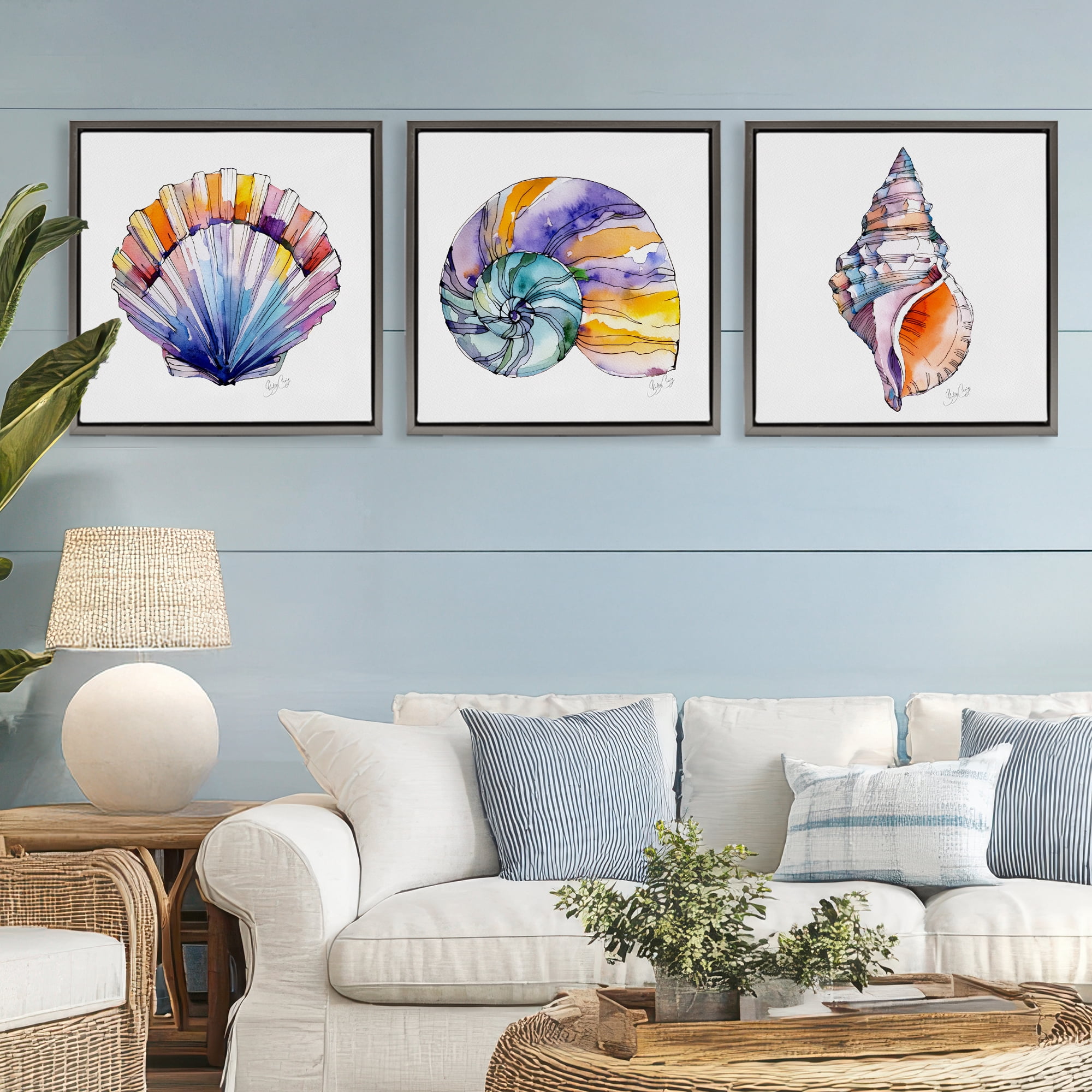 Stupell Industries Sunlit Seashells Watercolors 3 Piece Gray Framed Floater Canvas Set, design by Shelly Craig