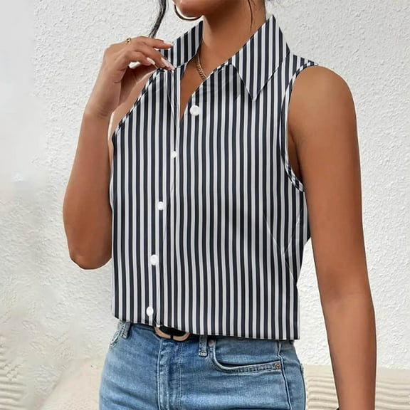 Frostluinai Women's Striped Tank Tops Sleeveless Button Down Shirts Lapel Collar Casual Tshirts Color Block Business Work Vest Tops