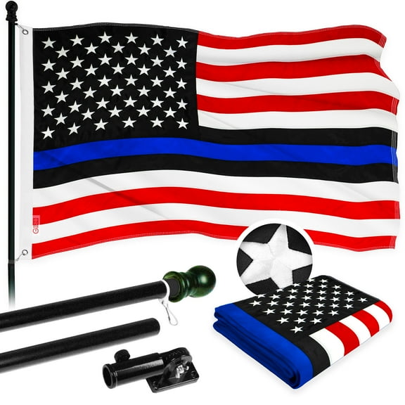 G128 - 5 Feet Tangle Free Spinning Flagpole (Black) Blue Lives Matter Flag Brass Grommets Embroidered 2.5x4 ft (Flag Included) Aluminum Flag Pole