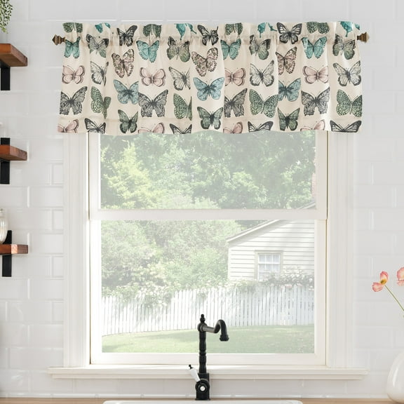 No. 918 Magdalena Butterfly Print Sheer Rod Pocket Kitchen Curtains, 56"x14"