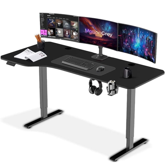MotionGrey - Height Adjustable L Shaped Standing Desk, Motorized Frame - Left Table Top (White, 63"x29")