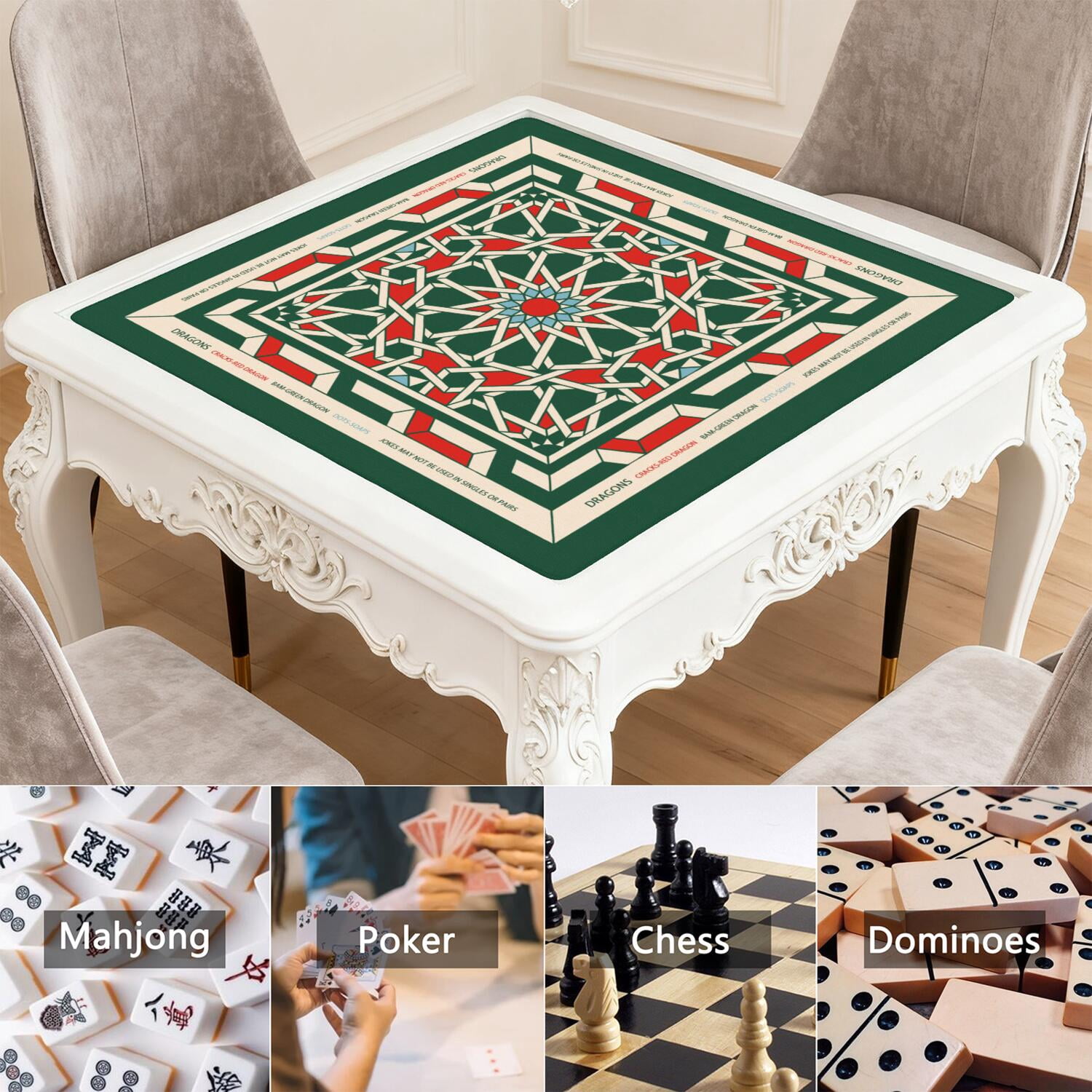 Green Mahjong Mat with Rules, 31.5*31.5in Anti Slip American Mahjong Mat for Table, Noise Reduction, Neoprene Mah jongg Mats with Carrying Bag & 3 Dices, Mahjong Supplies Gift, Board Tile Games Mats