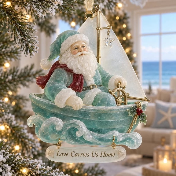 Clearance! Coastal Santa Sailboat Acrylic Christmas Ornament, Hanging Christmas Decorations Outdoor Indoor, Nautical Ocean Wave Xmas Keepsake Gift for Christmas Tree & Wreath Home Holiday Decor