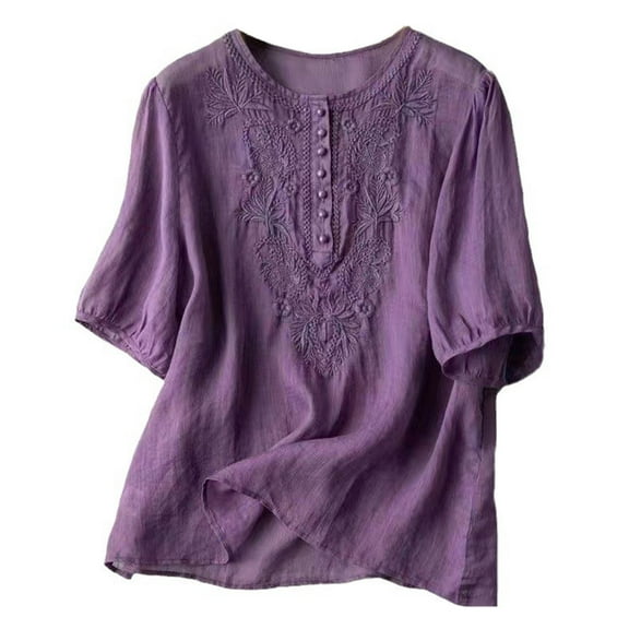 Busydd Womens Tops Trendy Traditional Embroidered Cotton Linen Shirts Short Sleeve Round Neck Summer Tops Comfy Solid Color Casual Tops