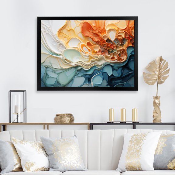 Designart "Fluid Cascade in Blue and Orange Ink" Abstract Framed Wall Art Decor - Modern Colorful Abstract Liquid Ink Entryway Framed Wall Art