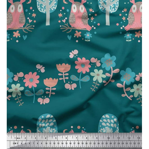 Soimoi Modal Satin Fabric Floral,Tree & Owl Kids Printed Fabric 1 Yard 42 Inch Wide