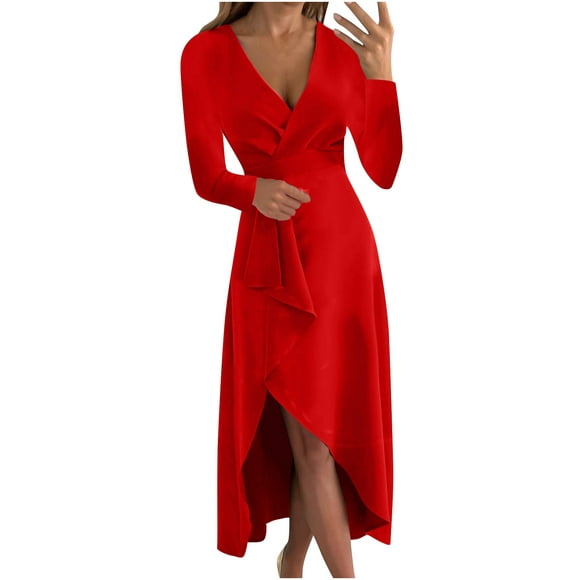 Women's Sexy V-Neck Dress Solid Color Long Sleeve Asymmetrical Wrap Dress Silm Fit Flowy Work Formal Midi Dresses