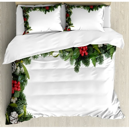 Pine Cone Bedding Collection Christmas Duvet Cover Set, Winter Frame with Holly Ivy Mistletoe Spruce Fir and Pine Cones Arrangement Image, Decorative Bedding Set with Pillow Shams, Multicolor, by Ambesonne ()