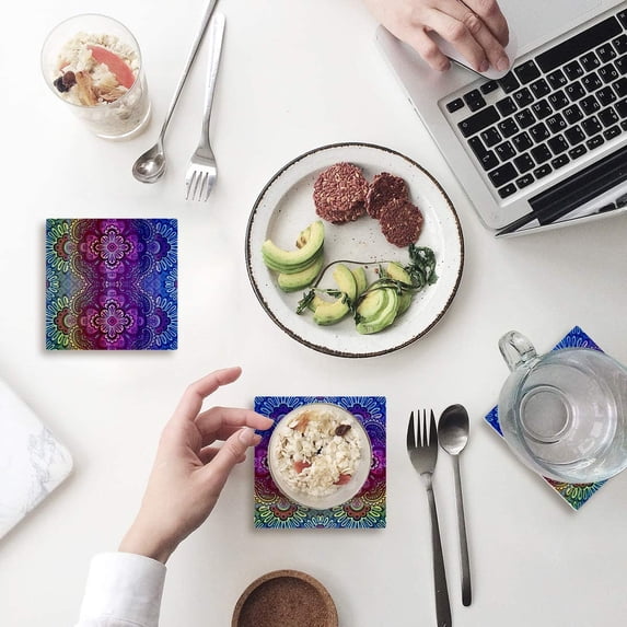 FMSHPON Mandala Set of 8 Coaster for Drinks, Absorbent Ceramic Stone Coasters Cup Mat with Cork Base for Home Kitchen Room Coffee Table Bar Decor