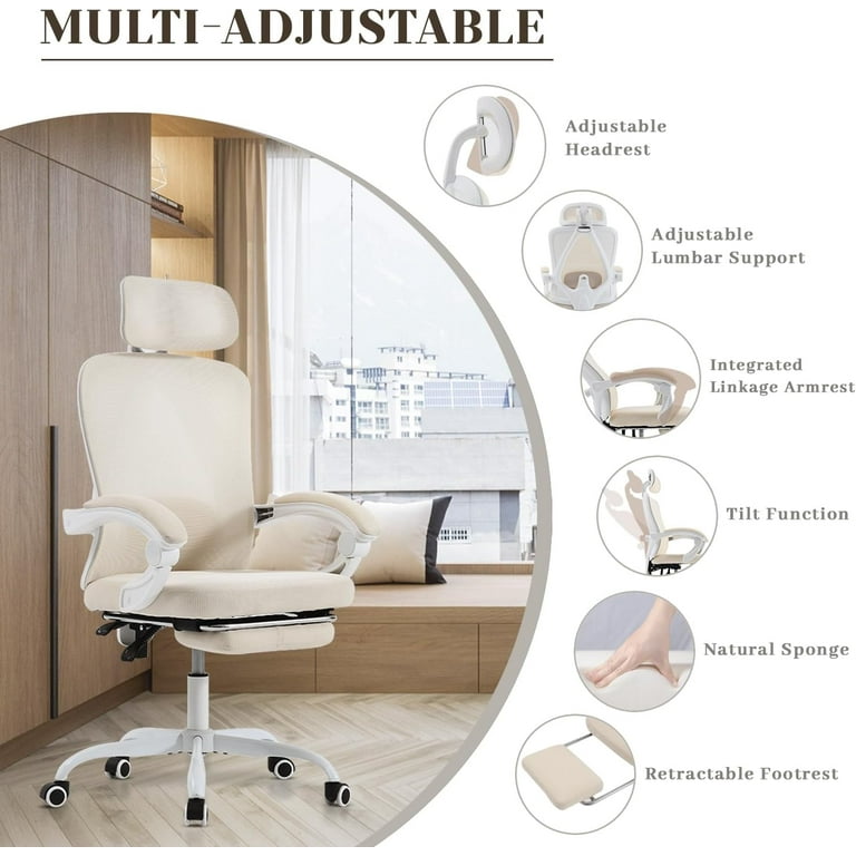 Ergonomic Office Chair Adjustable Lumbar Support 400LBS Capacity White Computer Chair with Retractable Footrest Breathable Mesh Back Gaming Chair