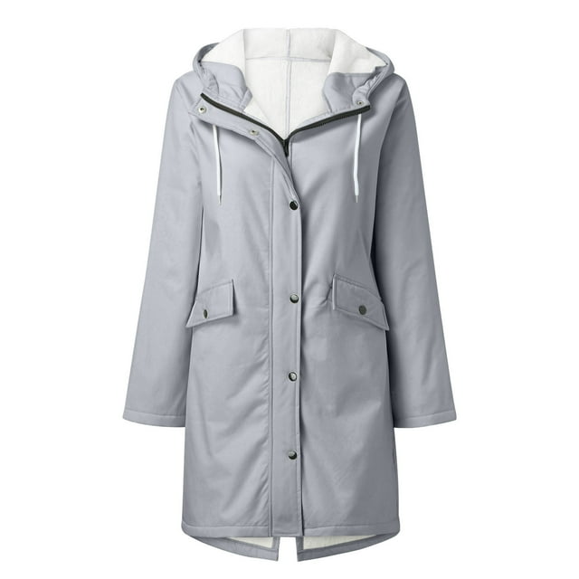 LSLJS Women Solid Rain Jacket Outdoor Fleece Keep Warm Plus Hooded Raincoat Windproof Jackets Solid Outwear( Gray, M)