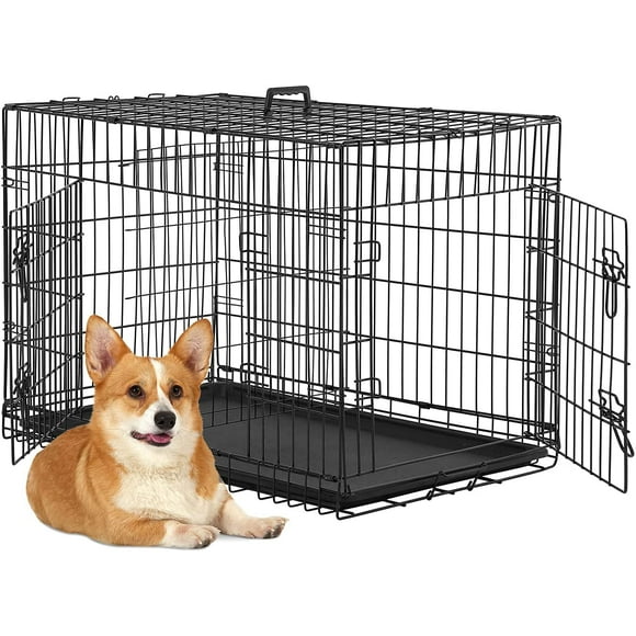 BestPet Cage pour Chat et Chien de 24 Pouces, Chenil pour Animal de Compagnie, Cage Pliante en Treillis Métallique avec Séparateur en Treillis, Plateau et Poignée en Plastique à Double Porte pour Animal de Compagnie Pliant, Noir