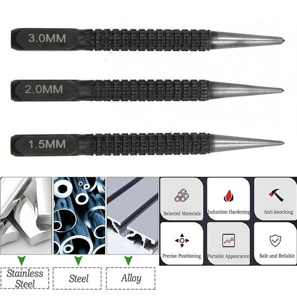 Aokid 3Pcs 1.5mm/2mm/3mm Alloy Steel Center Punch Metal Wood Marking  Drilling Tool,Hardware tools,Durable,Sturdy,Easy to Use 