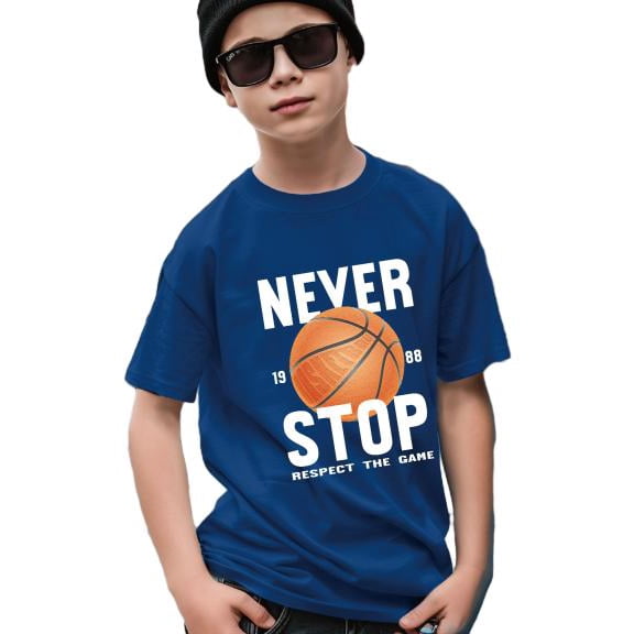 Mikrdoo 7Y-15Y Boys Tops "Never Stop Respect The Game 1988" Letter Graphics Summer Basketball Print Casual Short Sleeve T-shirts