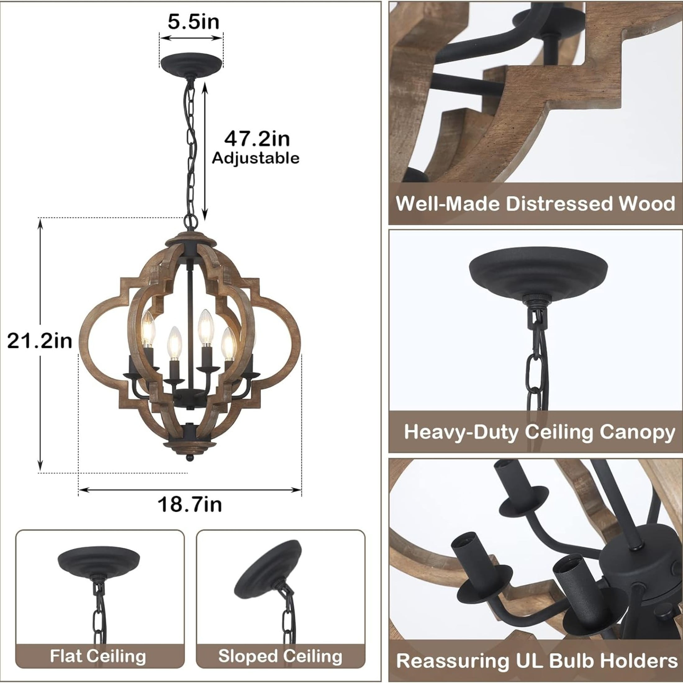 Noble House 6-Light Farmhouse Orb Chandelier, Adjustable Height, for Bedrooms Entryway Living Room, Wood