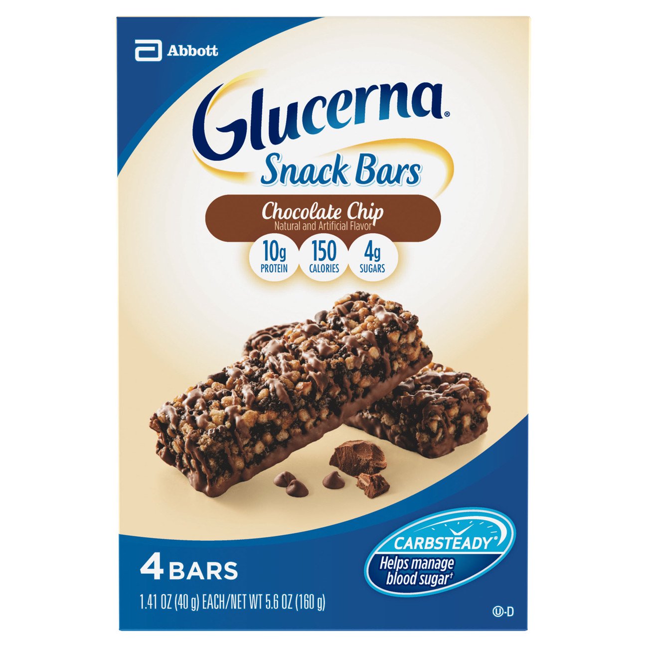 Glucerna Snack Bars Chocolate Chip 4 Count 1.41 Oz Bars with Carbsteady