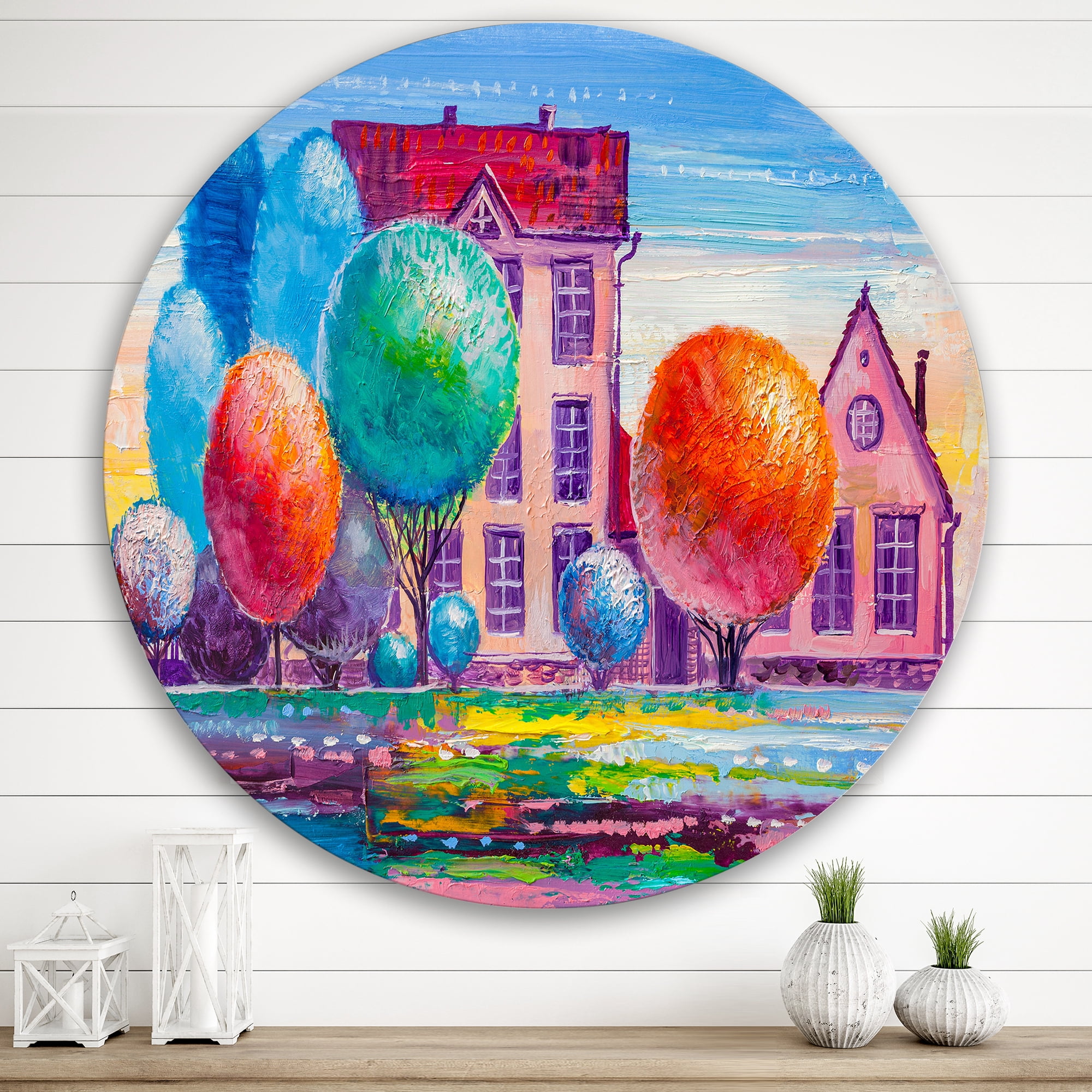 Designart 'Abstract Daydream House In The VIllage' Traditional Circle Metal Wall Art 36x36 - Disc of 36