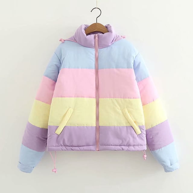 Chaqueta gruesa de plumón con contraste de arcoíris para mujer, Abrigo acolchado suelto para estudiante, Parka universitaria cálida para mujer, Invierno