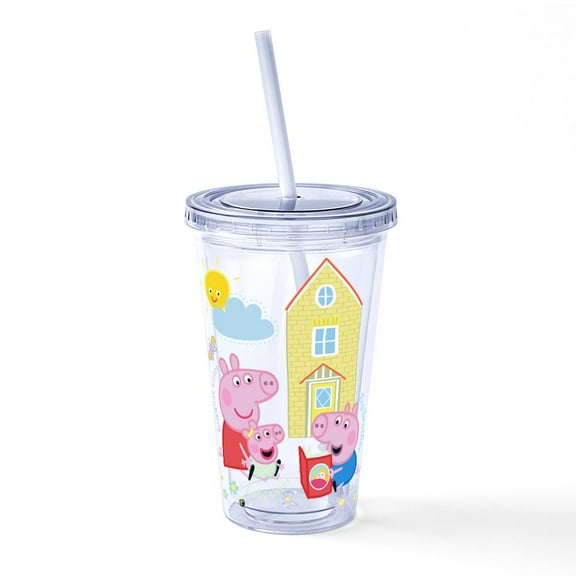 CafePress - Peppa Pig: Siblings - 16 Ounce Classic Clear Insulated Double Wall Tumbler Cup with Lid Straw , Reusable