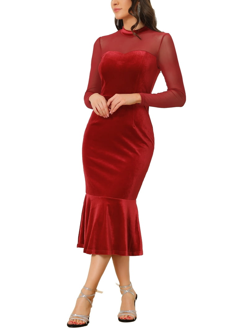 green emerald velvet dress Chic Red Fitted Evening Formal Dress with Long Sleeve 42