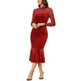 thumbnail image 4 of INSPIRE CHIC Women's Dress Elegant Velvet Sheer Mesh Mock Neck Midi Cocktail Dresses XS Dark Red, 4 of 6