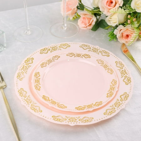 

10 Pack | Gold Embossed 7.5 Plastic Appetizer Salad Plates Round Blush/Rose Gold With Scalloped Edges - Pack of 10 Plates