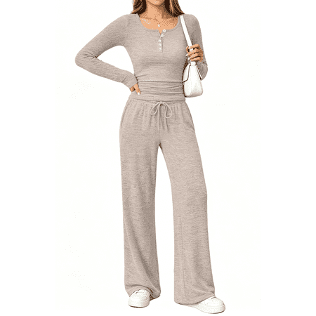 UVN Two Piece Sets for Women Fall Long Sleeve Ruched Tops and Wide Leg Pants Outfits Ladies Fashion Casual Lounge Sets