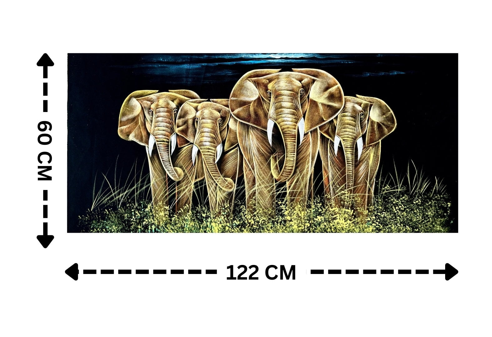 Elephant Family in the Wild Handmade Velvet Painting (122x60 cm) | Fabric Painting | Big Wall Art | Home Decor