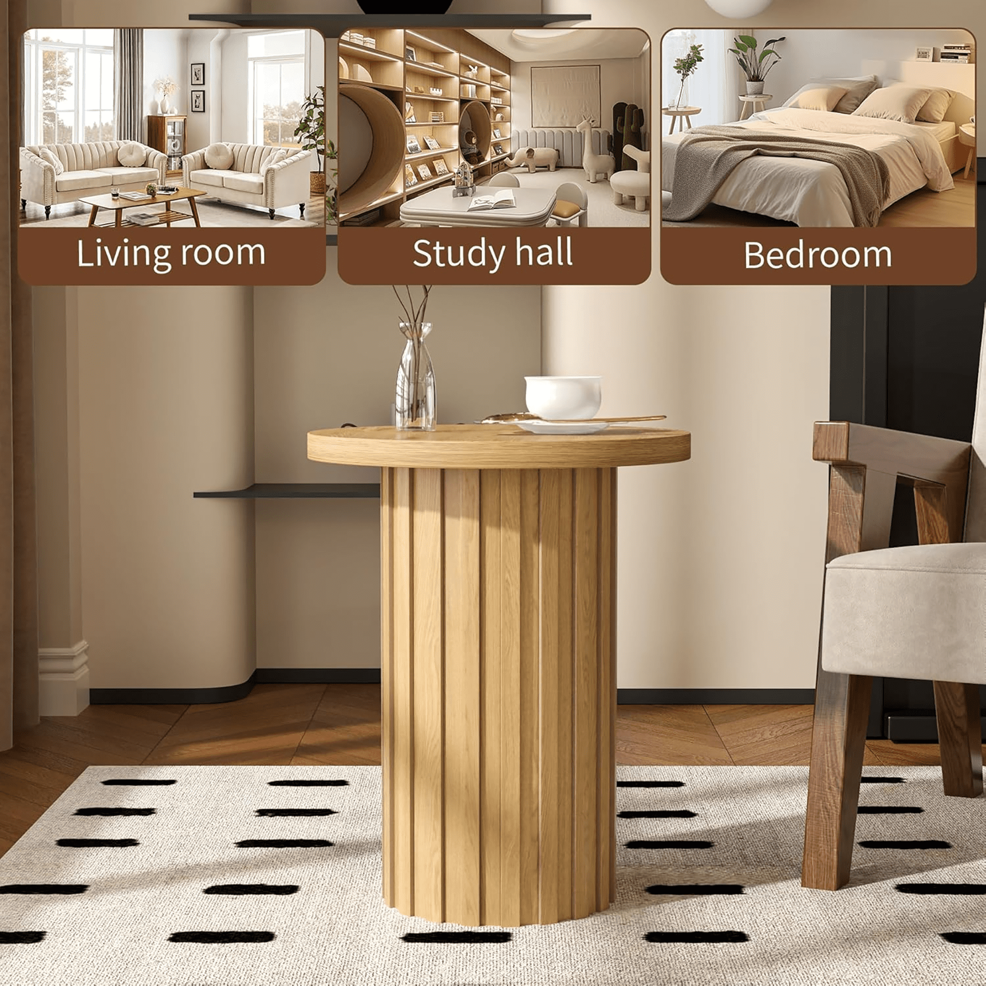Round Side End Table 22" Tall Fluted Small End Table for Small Spaces, Modern Farmhouse Wooden Accent Table Small Drink Table for Living Room Bedroom(Natural)