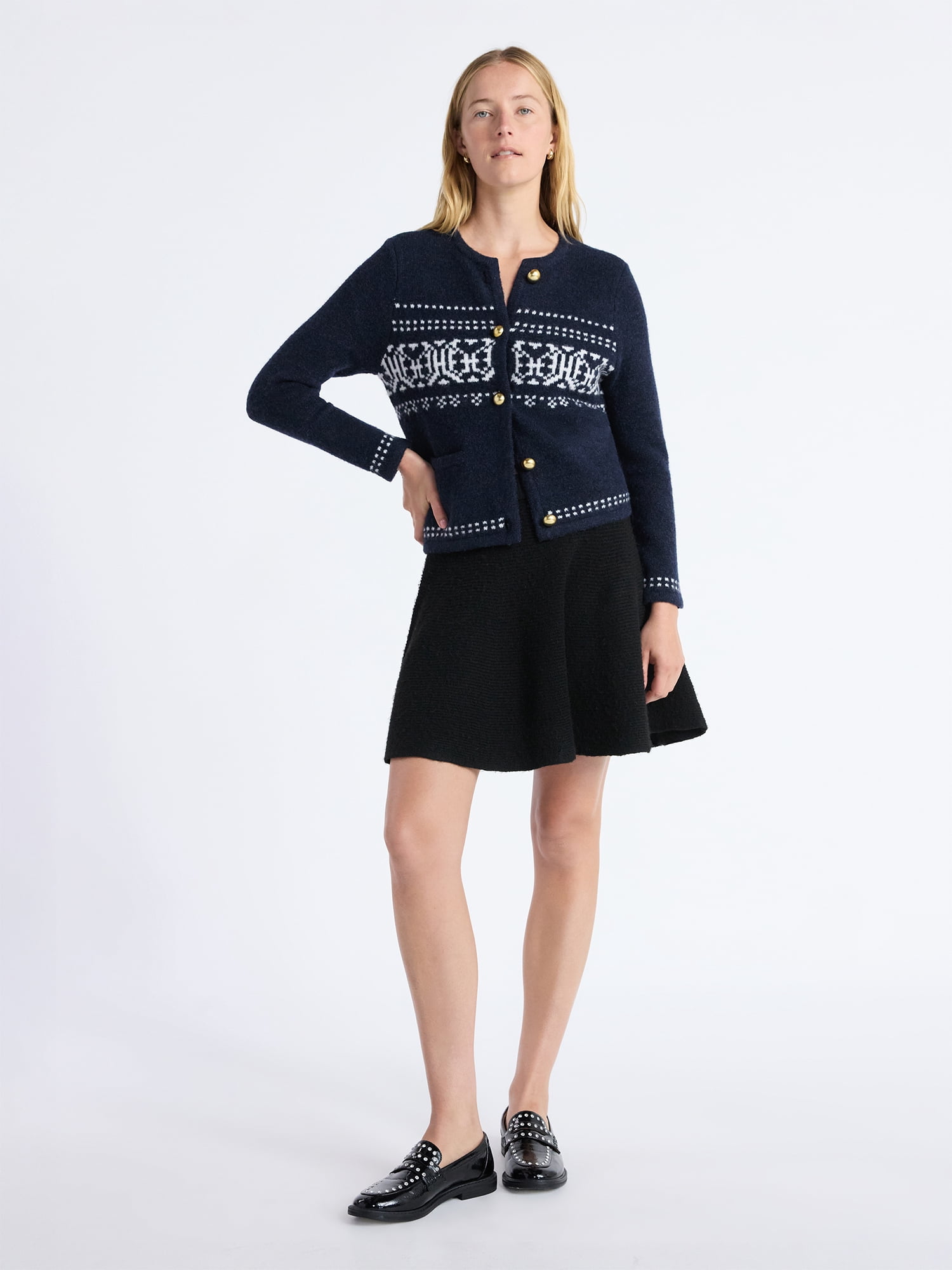 Free Assembly Women's and Women's Plus Fair Isle Cardigan with Welt Pockets, Midweight, Sizes XS-4X