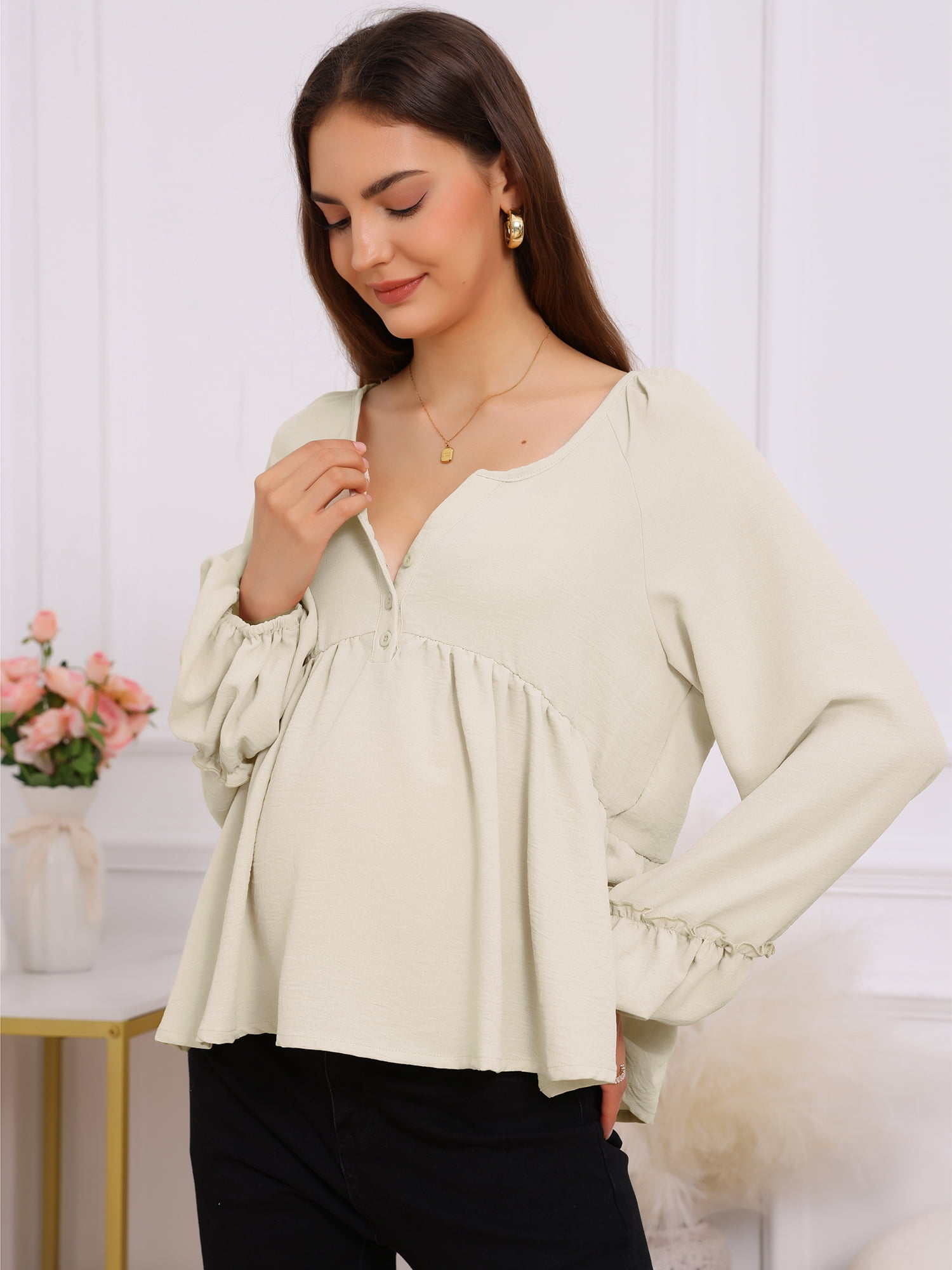 DARING DIVA Women's Maternity Empire Waist Babydoll Lantern Sleeve Blouse M Beige
