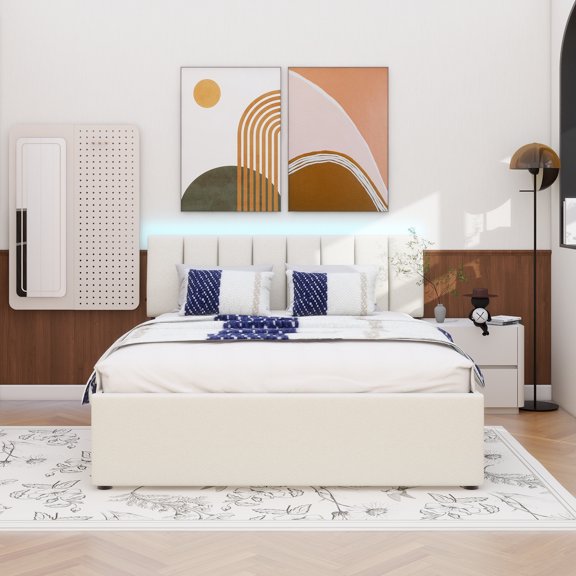Teddy Fleece Queen Size Upholstered Platform Bed with Twin XL Trundle, Beige