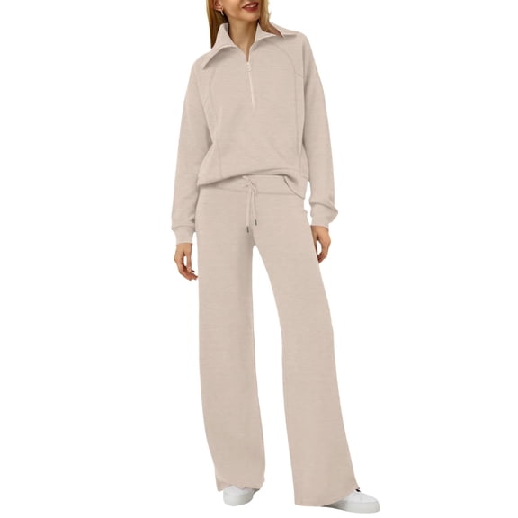 Quarter Zip Pullover Women,2 Piece Sets for Women Track Suits for Women Set Airport Set Long Sleeve Sweatshirt Sweat Set Matching Sets Women Clothing Comfy Matching Sets Loose Fit,Beige,L