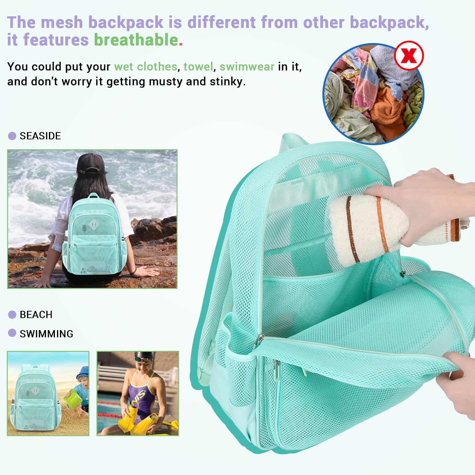 Soda Candy Mesh Backpack Heavy Duty See Through School Backpacks Transparent Bookbag Semi-Transparent Net Book Bags for Swimming, Beach, Sports, Work, Travel, Green