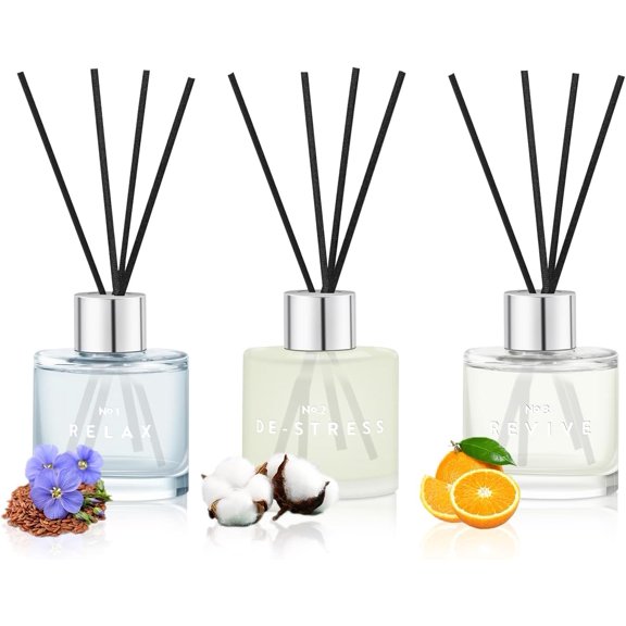 3 Pack Fragrance Reed Diffusers, 50ML Clean Linen Cotton Citrus Orange Aromatherapy Diffuser Set with 12 Black Fiber Sticks,Air Freshener for Bedroom Bathroom Office