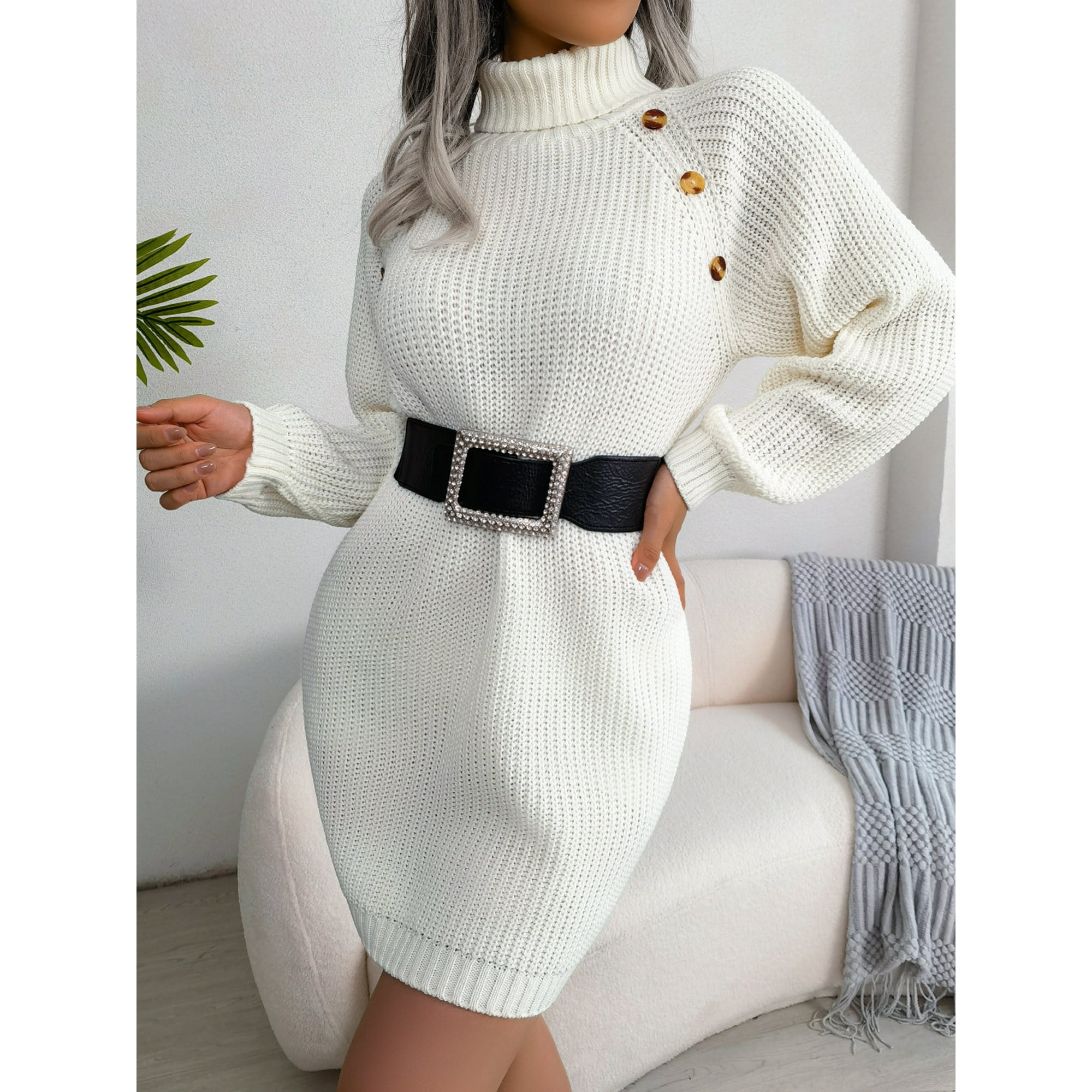 White Dress Sweater Dress for Women Women's Fashion Drawstring Strap Solid Color Knit Long Sleeve Dress Chmora, Size: Large