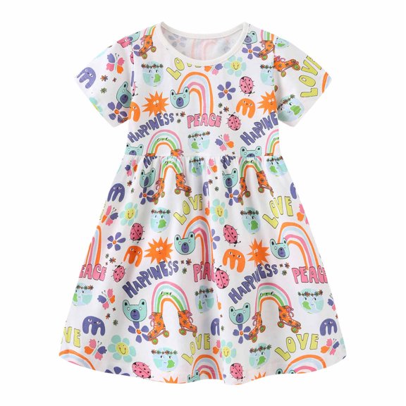 Summer Savings Clearance! Edvintorg 1-7Years Kids Dresses For Girls Toddler Baby Girls Summer Clothes Cartoon Printing Short Sleeve Cotton Round Neck Dress Children's Party Dress