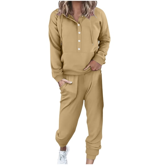 Two Piece Travel Suit Hooded Sweatsuits for Women Sets 2 Piece Outfits Casual Loungewear Sets Two Piece Drawstring Sweat Suits Office Outfits Set 2024 S-16 Khaki XL