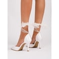 thumbnail image 7 of On feet & in love Women's Satin Pointed Toe Slingback Heels - Stiletto Dress Pumps with Sheer Ribbon Bow Detail,White, 7 of 7