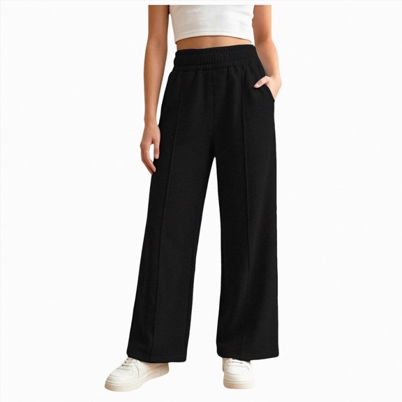 NOLDARES Girls Wide Leg Sweatpants Waist, Baggy Kids Pants, Loose Joggers, Pockets, Soft, Fall, Winter(W108-Black)
