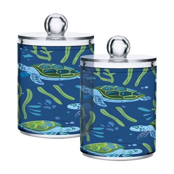Ryvnso 2 Pack Qtip Holder Organizer Turtles Seaweed under Sea Bathroom Cotton Swabs Cans Storage Canister