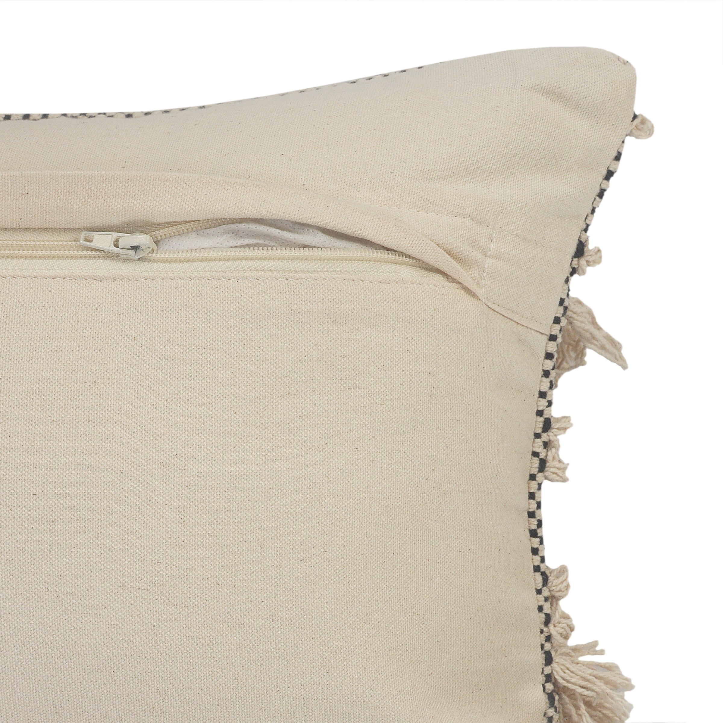LR Home Elia Natural/Black Striped Cotton Fringed Adult Decorative Lumbar Pillow