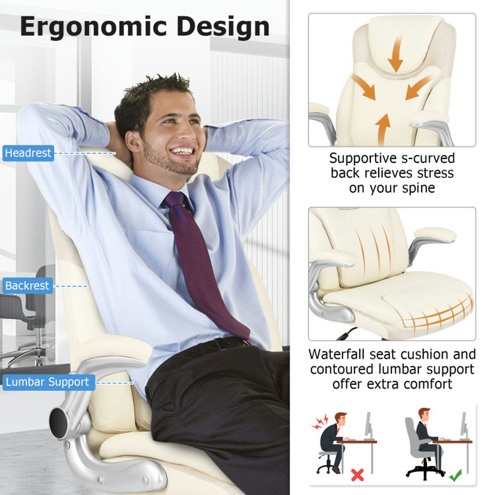 Demi Bonn Ergonomic Office PU Leather Executive Chair with Flip-up Armrests and Rocking Function, for Home, Bedroom, Study, White