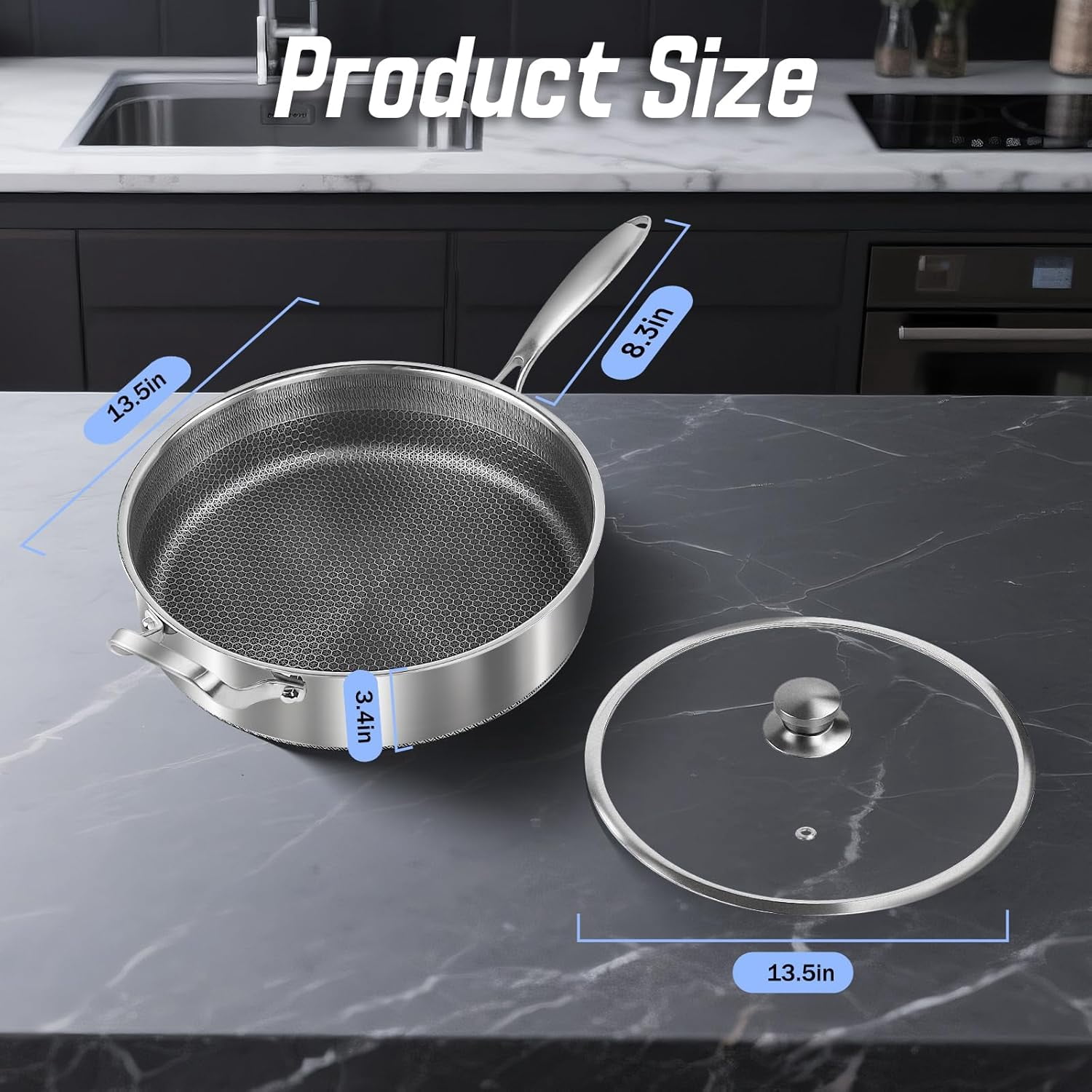 Frying Pans Nonstick wih Lid, Non Stick Tri-Ply Stainless Steel Saute Pan, 8 Quarts Large Sauté Pan, 13.5 Inch Induction Cooking Pan, Dishwasher and Oven Safe