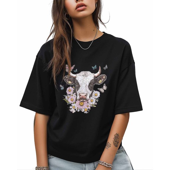 T Shirts for Women Short Sleeve Cotton Crewneck T-Shirt, Farm Dairy Cow Daisy Butterfly Tee Tops Casual Basic T-Shirts, XS-5XL Black S