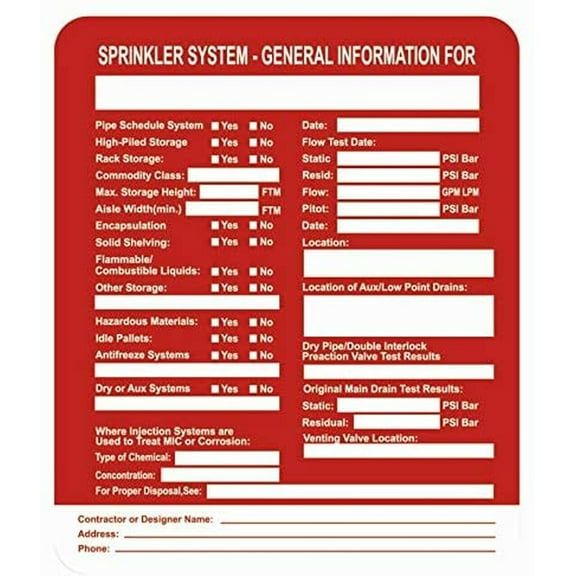 Sprinkler System General Information Label Decal Sticker (red, 8.5X11 INCH,) (ref-2201)